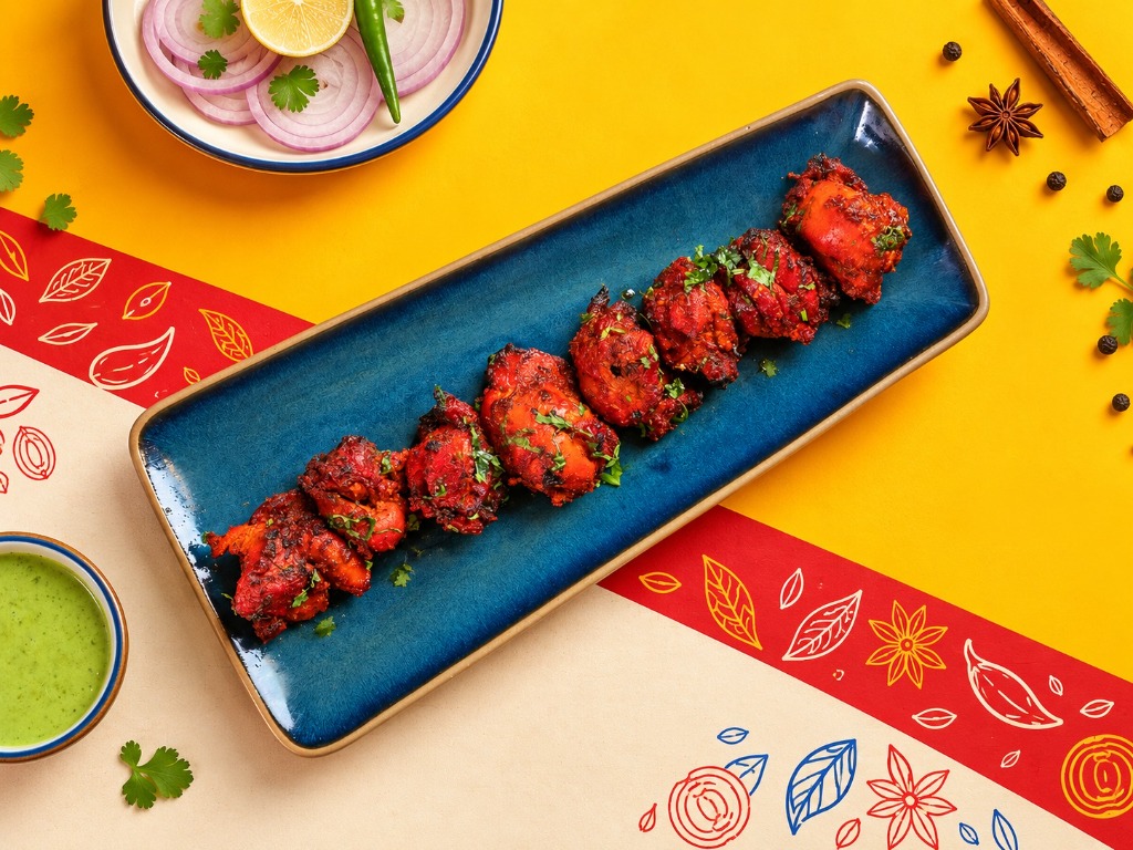 Char-grilled Chicken Tikka Cubes on Royal Blue Platter