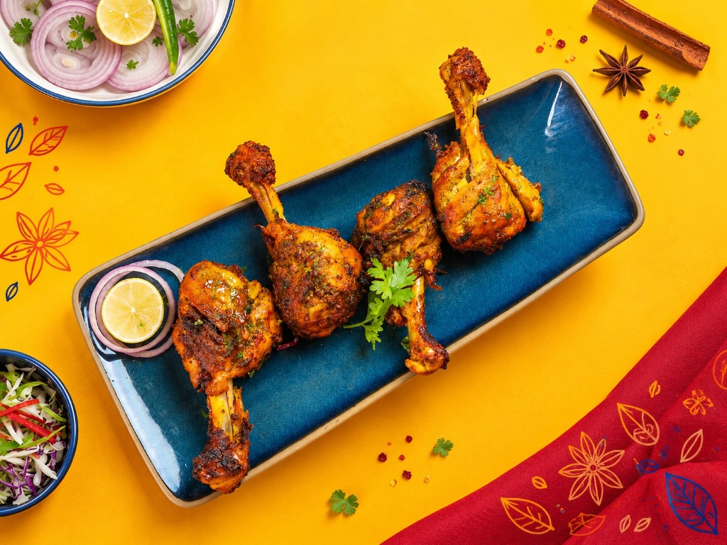 Roast Chicken Tangdi Kebabs on Blue Platter